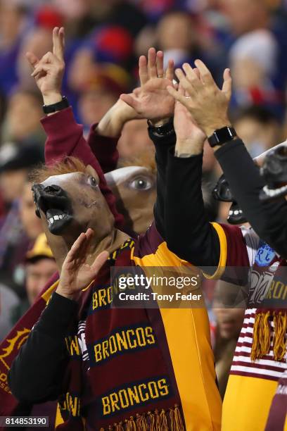 Broncos fans during the round 19 NRL match between the Newcastle Knights and the Brisbane Broncos at McDonald Jones Stadium on July 15, 2017 in...