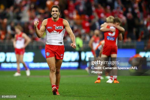 Josh Kennedy of the Swans celebrates winning the round 17 AFL match between the Greater Western Sydney Giants and the Sydney Swans at Spotless...