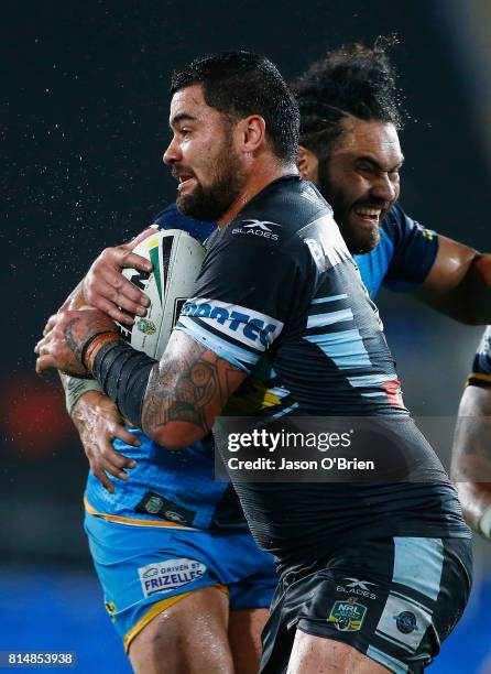 Andrew Fifita of the sharks in action during the round 19 NRL match between the Gold Coast Titans and the Cronulla Sharks at Cbus Super Stadium on...