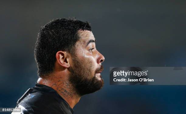 Andrew Fifita of the sharks looks on during the round 19 NRL match between the Gold Coast Titans and the Cronulla Sharks at Cbus Super Stadium on...