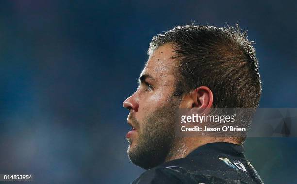 Wade Graham of the sharks looks on during the round 19 NRL match between the Gold Coast Titans and the Cronulla Sharks at Cbus Super Stadium on July...