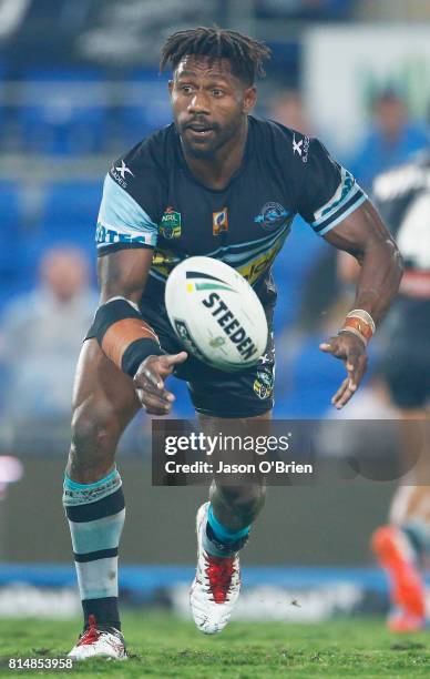 James Segeyaro of the sharks in action during the round 19 NRL match between the Gold Coast Titans and the Cronulla Sharks at Cbus Super Stadium on...