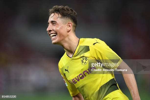 Emre Mor of Borussia Dortmund celebrates after scoring a goal during the preseason friendly match between Urawa Red Diamonds and Borussia Dortmund at...
