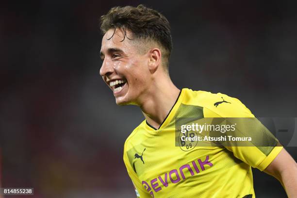 Emre Mor of Borussia Dortmund celebrates after scoring a goal during the preseason friendly match between Urawa Red Diamonds and Borussia Dortmund at...