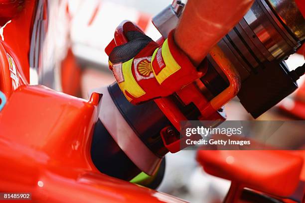 Detail on a Shell V-Power refuelling hose is seen during qualifying for the Canadian Formula One Grand Prix at the Circuit Gilles Villeneuve June 7,...
