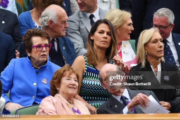 Martina Navratilova and Billie Jean King look on from the centre court royal box prior to the Ladies Singles final between Venus Williams of The...