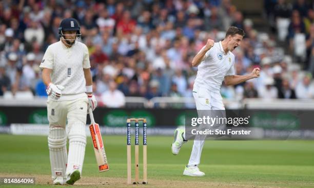 South Africa bowler Morne Morkel reacts after dismissing Joe Root during day two of the 2nd Investec Test match between England and South Africa at...