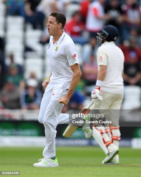 Morne Morkel of South Africa celebrates dismissing England captain Joe Root during day two of the 2nd Investec Test match between England and South...