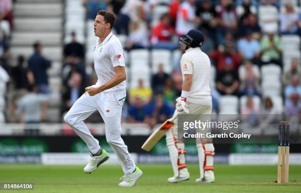 Morne Morkel of South Africa celebrates dismissing England captain Joe Root during day two of the 2nd Investec Test match between England and South...