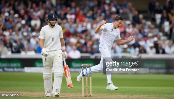 South Africa bowler Morne Morkel reacts after dismissing Joe Root during day two of the 2nd Investec Test match between England and South Africa at...