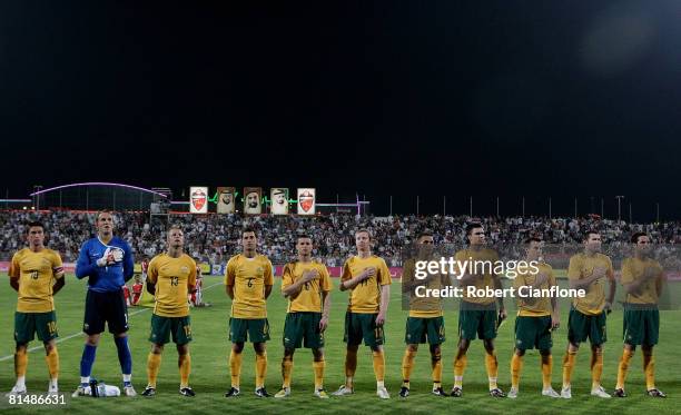 The Australian team line up prior to the start of the 2010 FIFA World Cup Qualifying Match between Iraq and Australia at Rashid Stadium on June 7,...