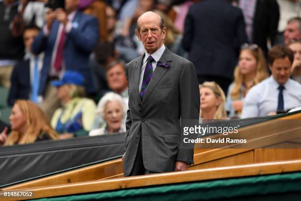 The Duke of Kent looks on from the centre court royal box prior to the Ladies Singles final between Venus Williams of The United States and Garbine...
