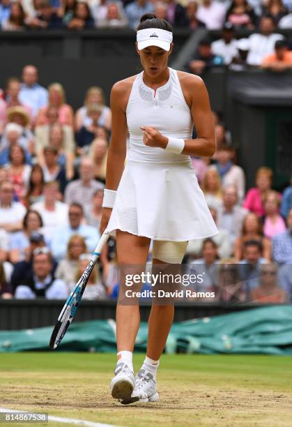 Garbine Muguruza of Spain celebrates during the Ladies Singles final against Venus Williams of The United States on day twelve of the Wimbledon Lawn...