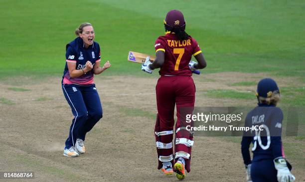 Laura Marsh of England celebrates after dismissing Stafanie Taylor of West Indies during the ICC Women's World Cup 2017 match between England and the...