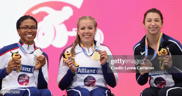 Kare Adengan of Great Britain , Hannah Cockroft of Great Britain and Alexa Halko of the United States all pose with their medals they won in the...