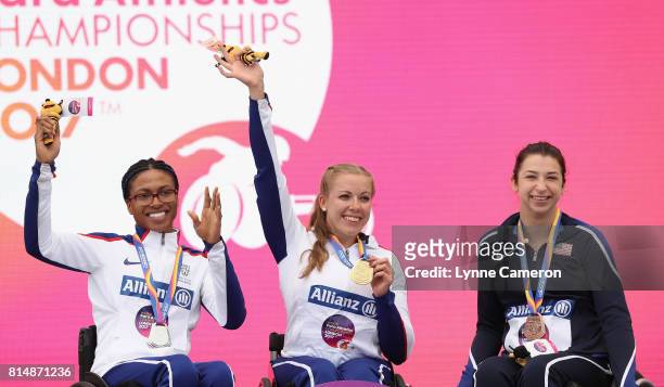 Kare Adengan of Great Britain , Hannah Cockroft of Great Britain and Alexa Halko of the United States all pose with their medals they won in the...
