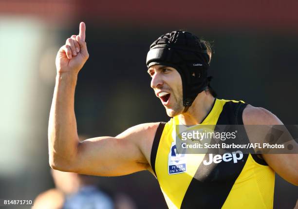 Ben Griffiths of the Richmond Tigers celebrates after kicking a goal during the 2017 VFL round 13 match between the the Werribee Tigers and the...