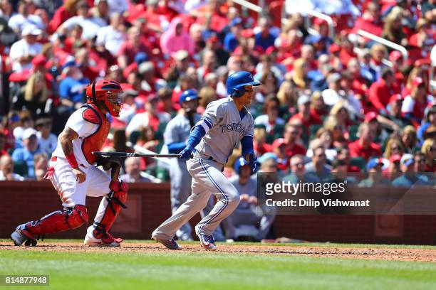 Ryan Goins of the Toronto Blue Jays bats against the St. Louis Cardinals at Busch Stadium on April 27, 2017 in St. Louis, Missouri.