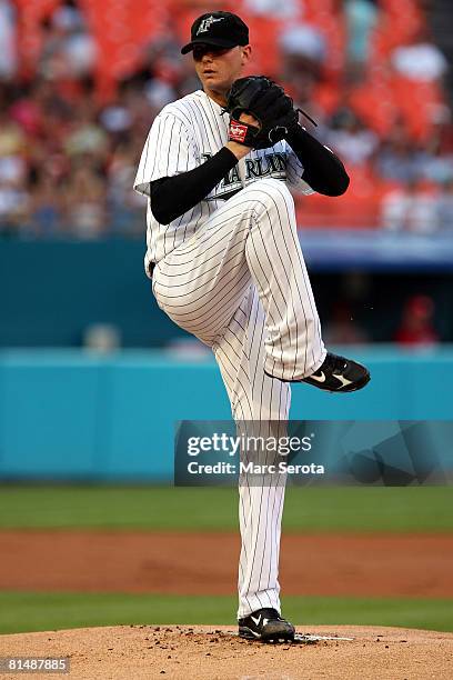 Pitcher Scott Olsen of the Florida Marlins throws in the fourth inning against the Cincinnati Reds at Dolphin Stadium June 7, 2008 in Miami, Florida.