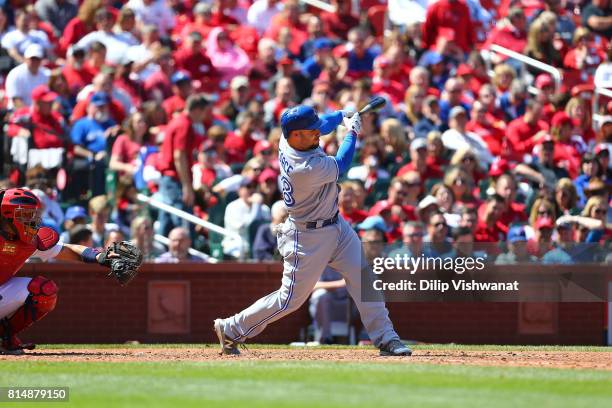 Steve Pearce of the Toronto Blue Jays bats against the St. Louis Cardinals at Busch Stadium on April 27, 2017 in St. Louis, Missouri.