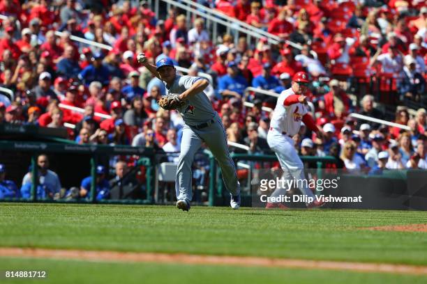 Chris Coghlan of the Toronto Blue Jays throws against the St. Louis Cardinals at Busch Stadium on April 27, 2017 in St. Louis, Missouri.