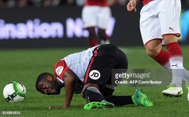 Roly Bonevacia of Western Sydney Wanderers falls on the ground in an effort to control the ball during a pre-season football friendly against Arsenal...