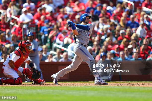 Justin Smoak of the Toronto Blue Jays bats against the St. Louis Cardinals at Busch Stadium on April 27, 2017 in St. Louis, Missouri.