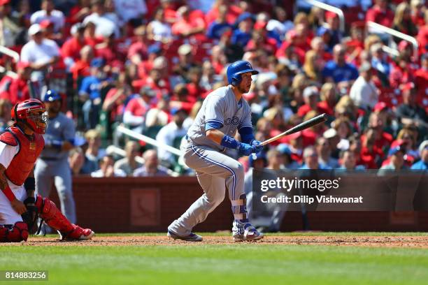 Justin Smoak of the Toronto Blue Jays bats against the St. Louis Cardinals at Busch Stadium on April 27, 2017 in St. Louis, Missouri.