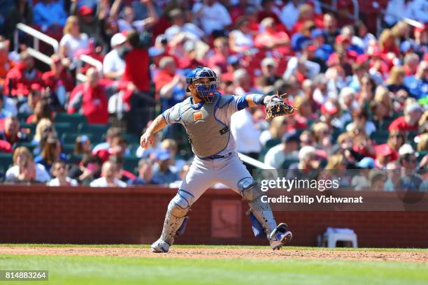 Russell Martin of the Toronto Blue Jays throws against the St. Louis Cardinals at Busch Stadium on April 27, 2017 in St. Louis, Missouri.