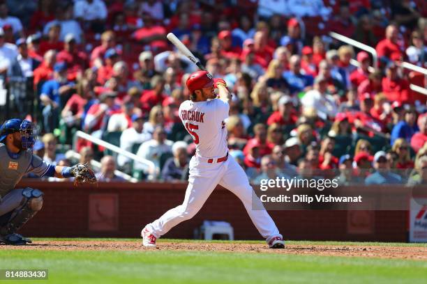 Randal Grichuk of the St. Louis Cardinals bats against the Toronto Blue Jays at Busch Stadium on April 27, 2017 in St. Louis, Missouri.