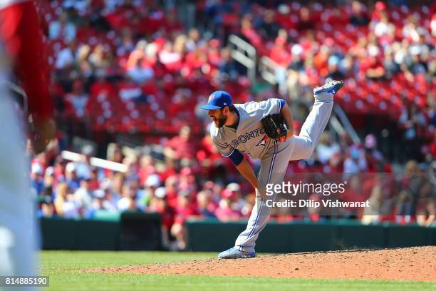 Dominic Leone of the Toronto Blue Jays pitches against the St. Louis Cardinals at Busch Stadium on April 27, 2017 in St. Louis, Missouri.