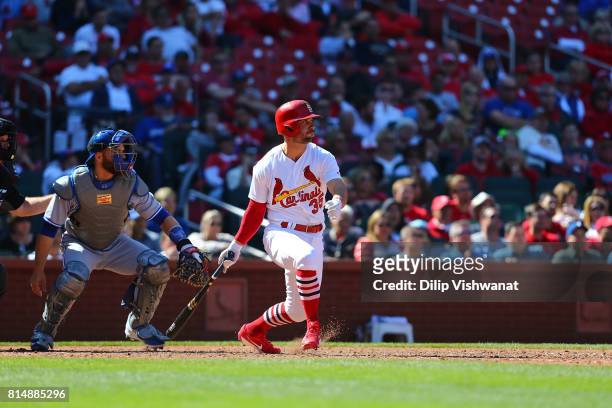 Greg Garcia of the St. Louis Cardinals bats against the Toronto Blue Jays at Busch Stadium on April 27, 2017 in St. Louis, Missouri.