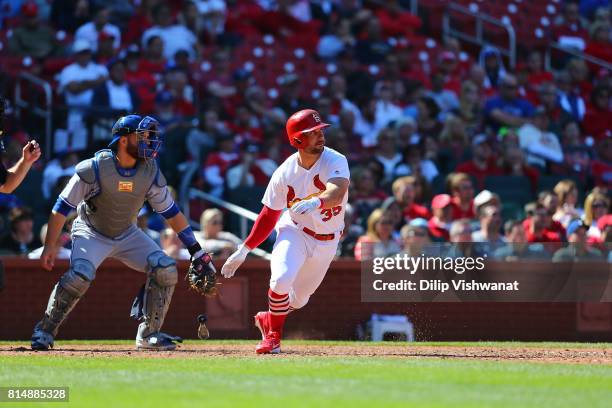 Greg Garcia of the St. Louis Cardinals bats against the Toronto Blue Jays at Busch Stadium on April 27, 2017 in St. Louis, Missouri.
