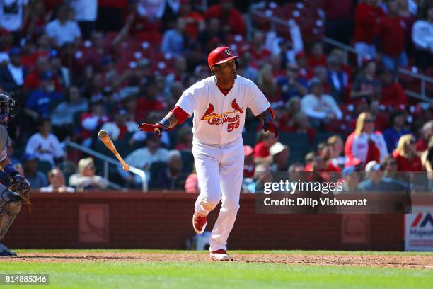 Jose Martinez of the St. Louis Cardinals bats against the Toronto Blue Jays at Busch Stadium on April 27, 2017 in St. Louis, Missouri.