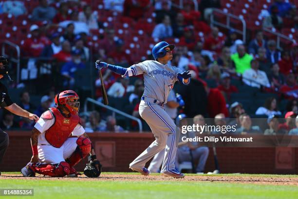 Ryan Goins of the Toronto Blue Jays bats against the St. Louis Cardinals at Busch Stadium on April 27, 2017 in St. Louis, Missouri.