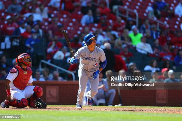 Ryan Goins of the Toronto Blue Jays bats against the St. Louis Cardinals at Busch Stadium on April 27, 2017 in St. Louis, Missouri.
