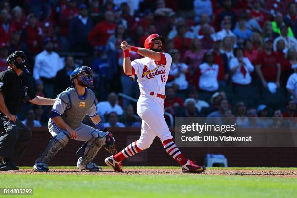 Matt Carpenter of the St. Louis Cardinals hits a walk-off home run against the Toronto Blue Jays at Busch Stadium on April 27, 2017 in St. Louis,...