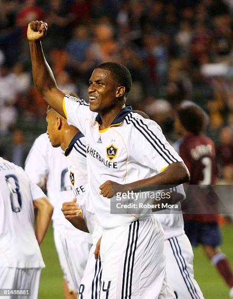 Edson Buddle of the Los Angeles Galaxy celebrate a goal against the Colorado Rapids during their MLS game at Home Depot Center on June 7, 2008 in...