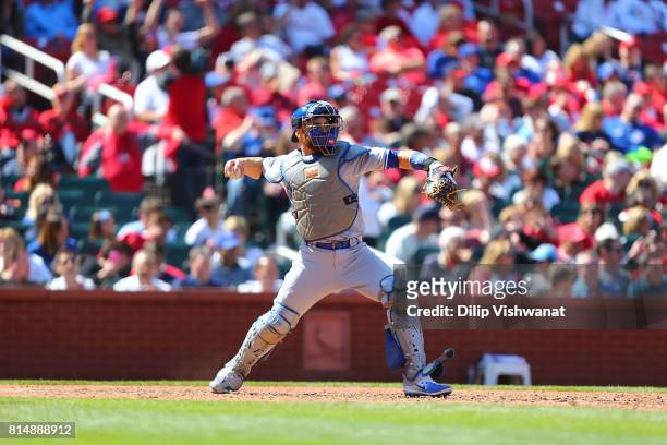 Russell Martin of the Toronto Blue Jays throws against the St. Louis Cardinals at Busch Stadium on April 27, 2017 in St. Louis, Missouri.