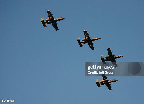 Two A-10 Thunderbolts fly overhead prior to the IRL IndyCar Series Bombardier Learjet 550k on June 7, 2008 at the Texas Motor Speedway in Fort Worth,...