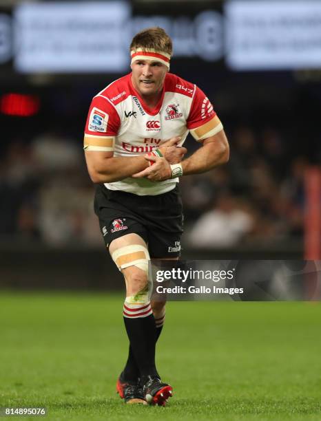 Jaco Kriel of the Emirates Lions during the Super Rugby match between Cell C Sharks and Emirates Lions at Growthpoint Kings Park on July 15, 2017 in...