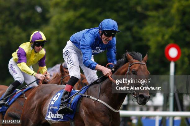 Adam Kirby riding Harry Angel win The Darley July Cup Stakes at Newmarket racecourse on July 15, 2017 in Newmarket, England.