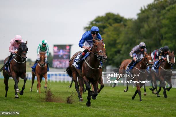 Adam Kirby riding Harry Angel win The Darley July Cup Stakes at Newmarket racecourse on July 15, 2017 in Newmarket, England.