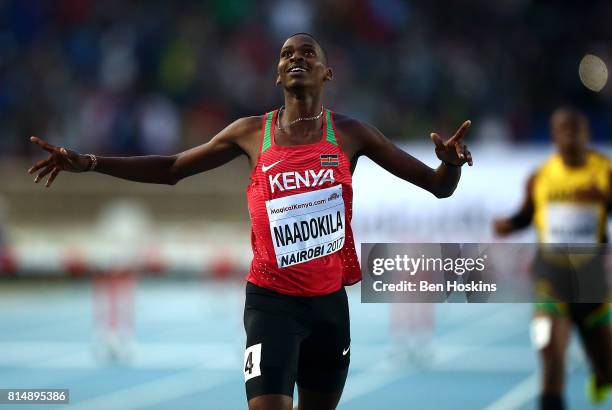 Moitalel Mpoke Naadokila of Kenya crosses the finish line to win the silver medal in the final of the mens 400m hurdles on day four of the IAAF U18...