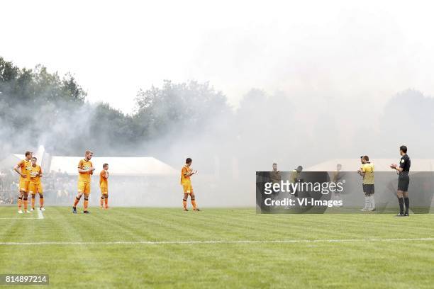 Players and referee applaud for Abdelhak Nouri of Ajax during the friendly match between NAC Breda and FC Volendam at Sportpark Blankershove on July...