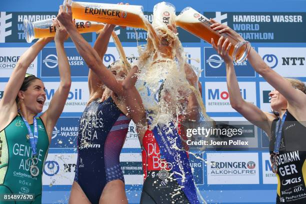 Ashleigh Gentle of Australia , Katie Zaferes of the United States of America, Flora Duffy of Bermuda and Lena Lindemann of Germany celebrate the...