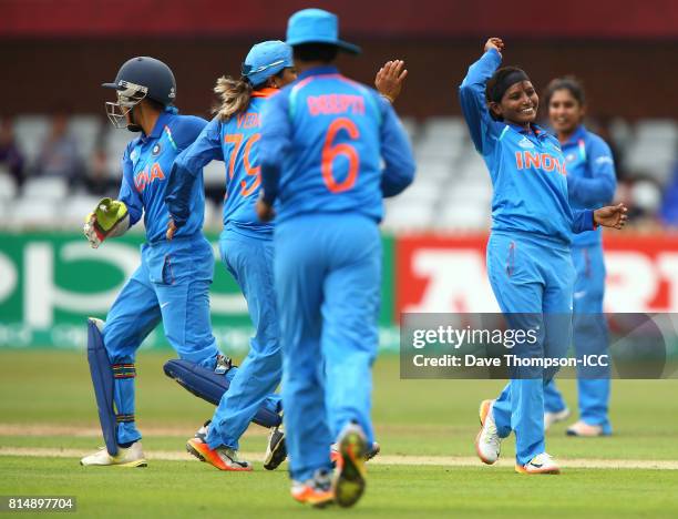 Rajeshwari Gayakwad of India celebrates taking the wicket of Amy Satterthwaite of New Zealand during the ICC Women's World Cup match between India...