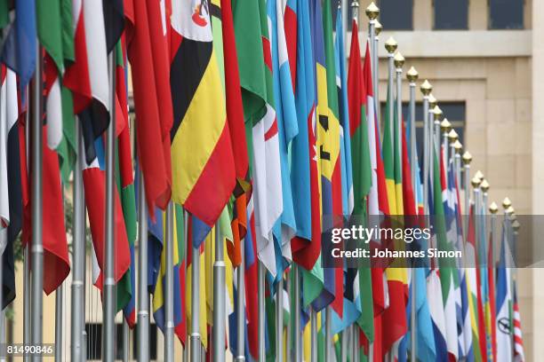 Numerous national flags are seen in front of the United Nations Office on June 8, 2008 in Geneva, Switzerland. Housed at the Palais des Nations, the...