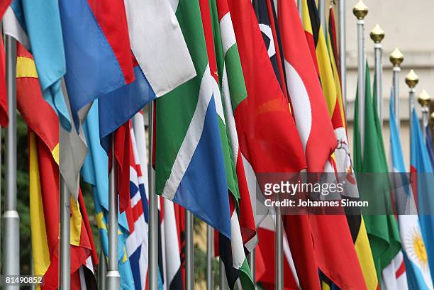 Numerous national flags are seen in front of the United Nations Office on June 8, 2008 in Geneva, Switzerland. Housed at the Palais des Nations, the...