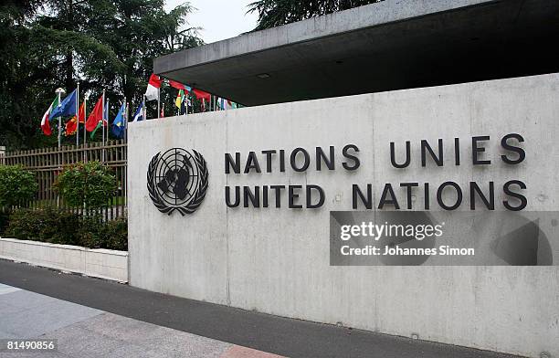 The United Nations emblem is seen in front of the United Nations Office on June 8, 2008 in Geneva, Switzerland. Housed at the Palais des Nations, the...